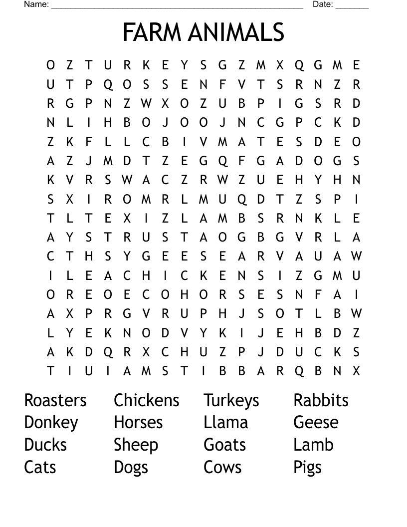 FARM ANIMALS Word Search WordMint
