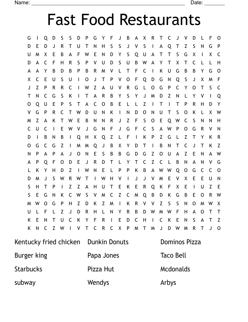 Fast Food Restaurants Word Search WordMint