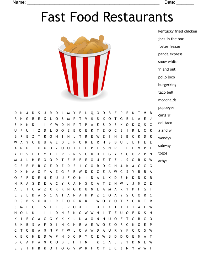 Fast Food Restaurants Word Search WordMint