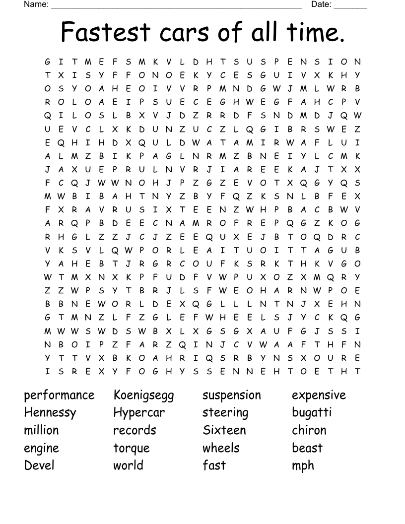 Fastest Cars Of All Time Word Search WordMint