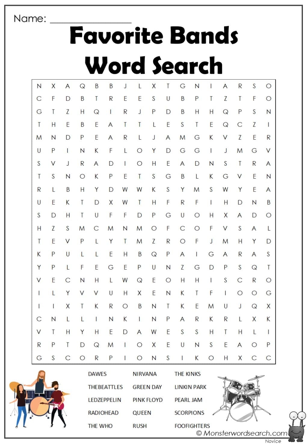 Favorite Bands Word Search Monster Word Search