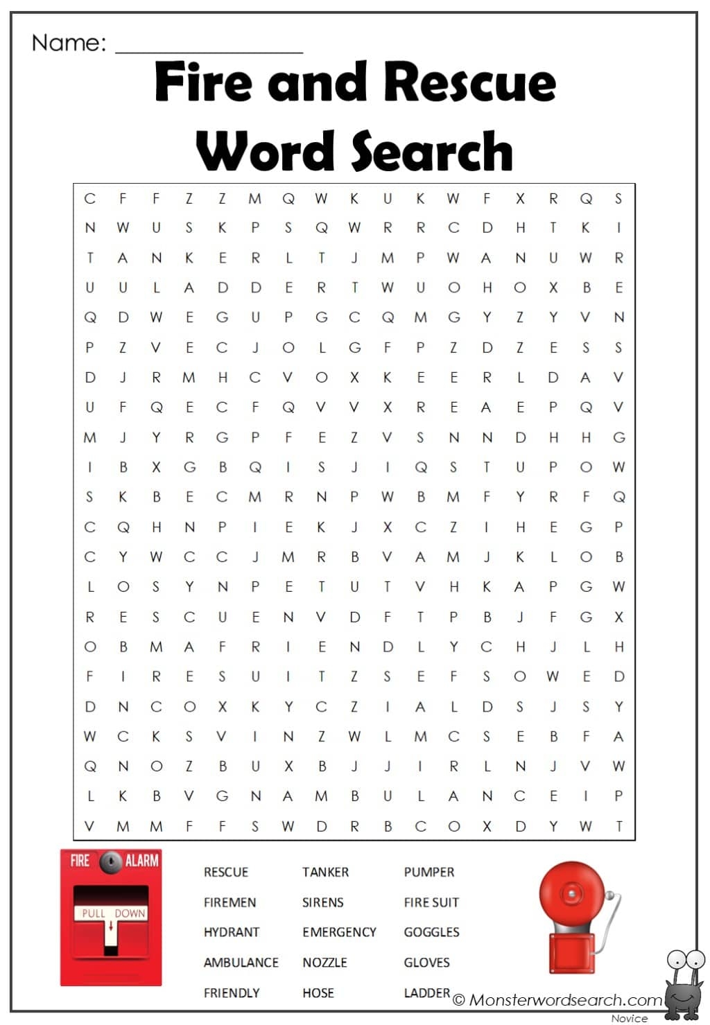 Fire And Rescue Word Search Monster Word Search