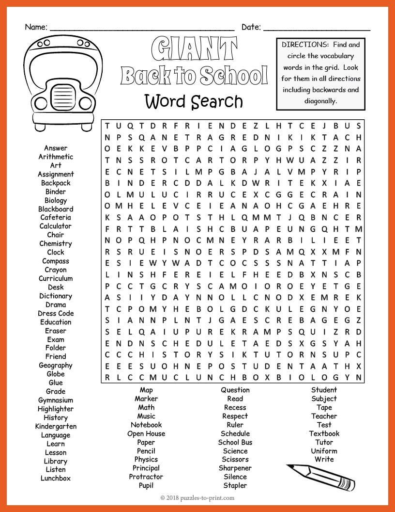 Back To School Word Search Printable Free