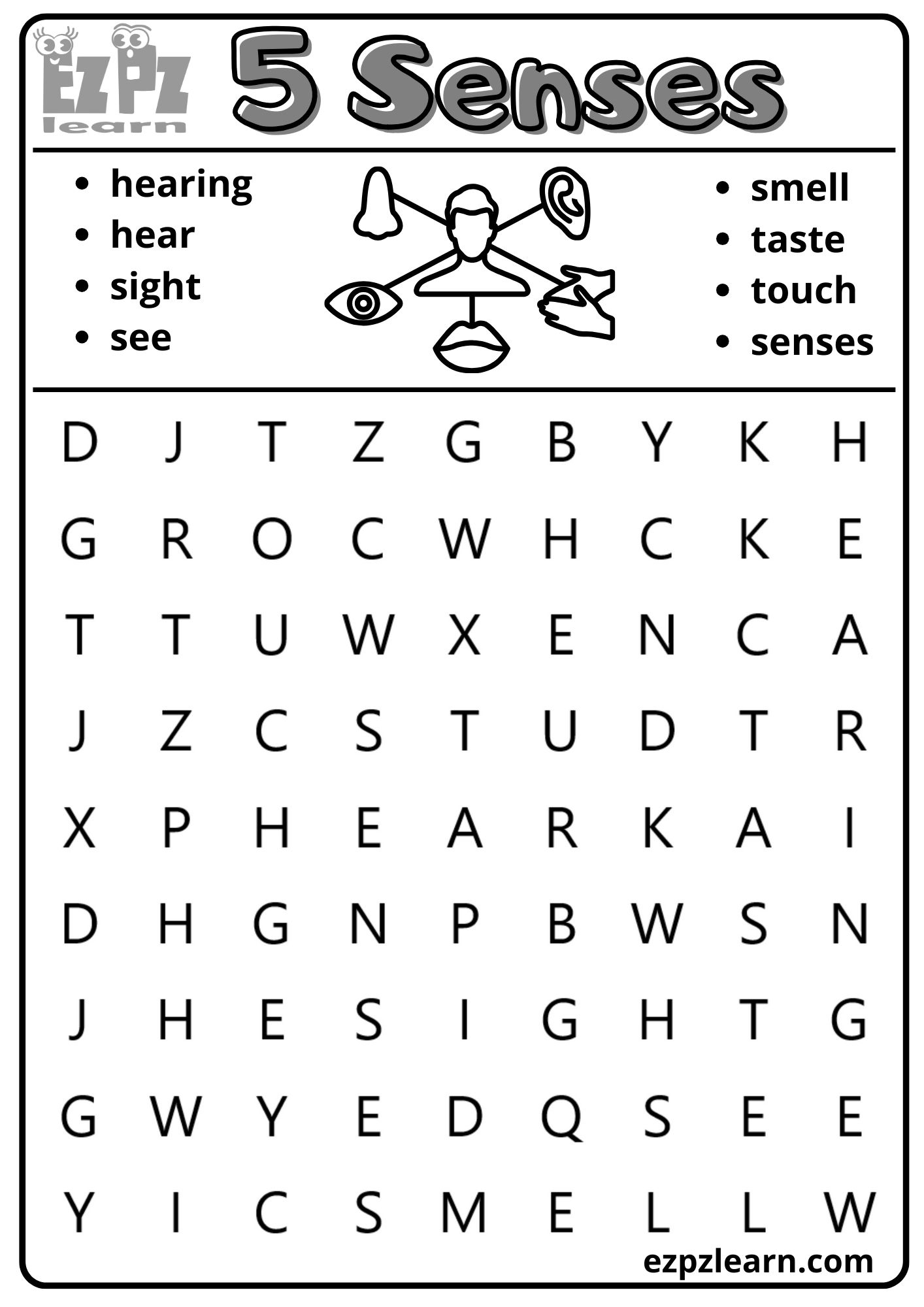 Five Senses Vocabulary Word Search For Children And ESL Students Free Printable PDF Download Ezpzlearn