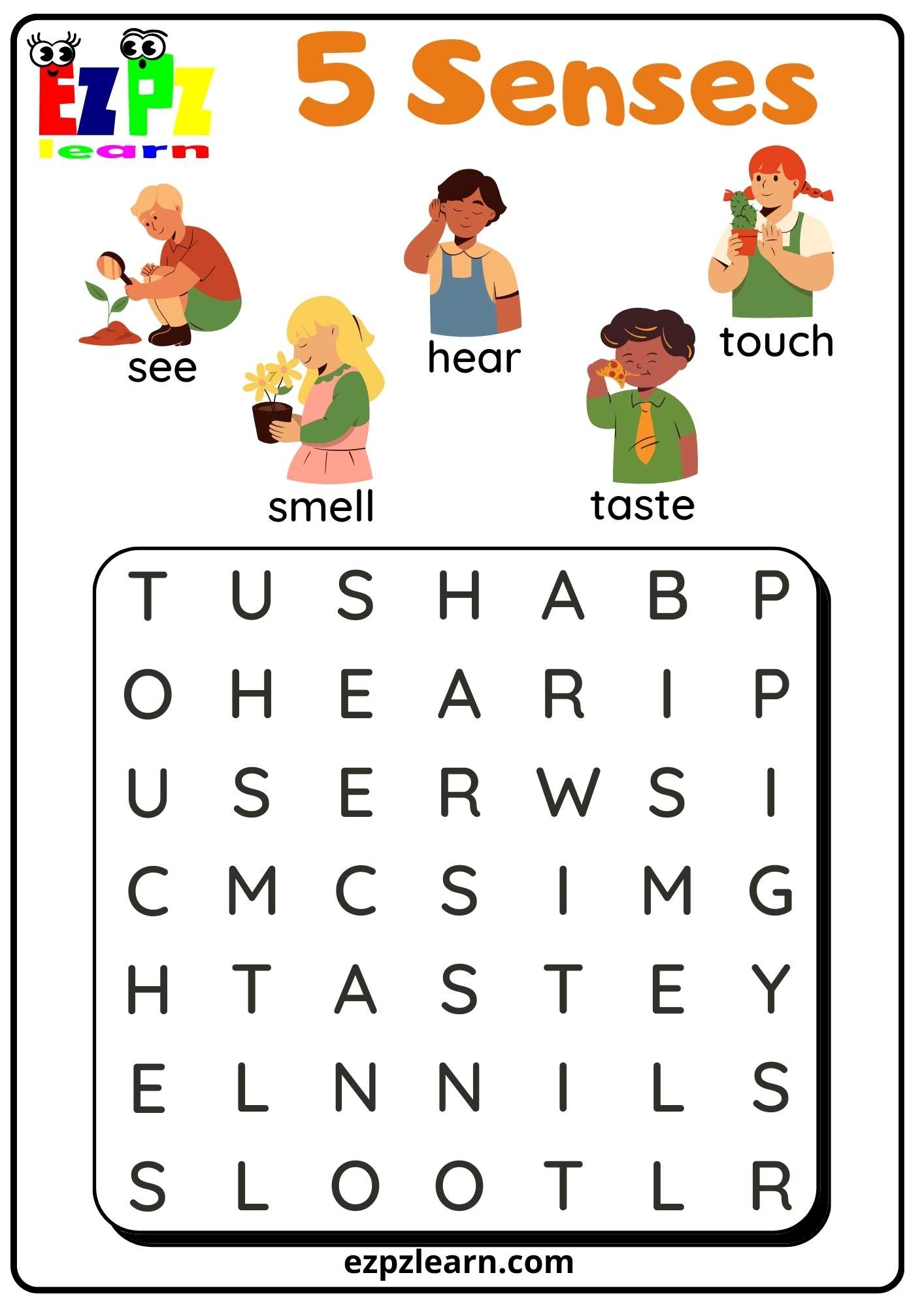Five Senses Word Search For Kindergarten And ESL Students Free Download Ezpzlearn