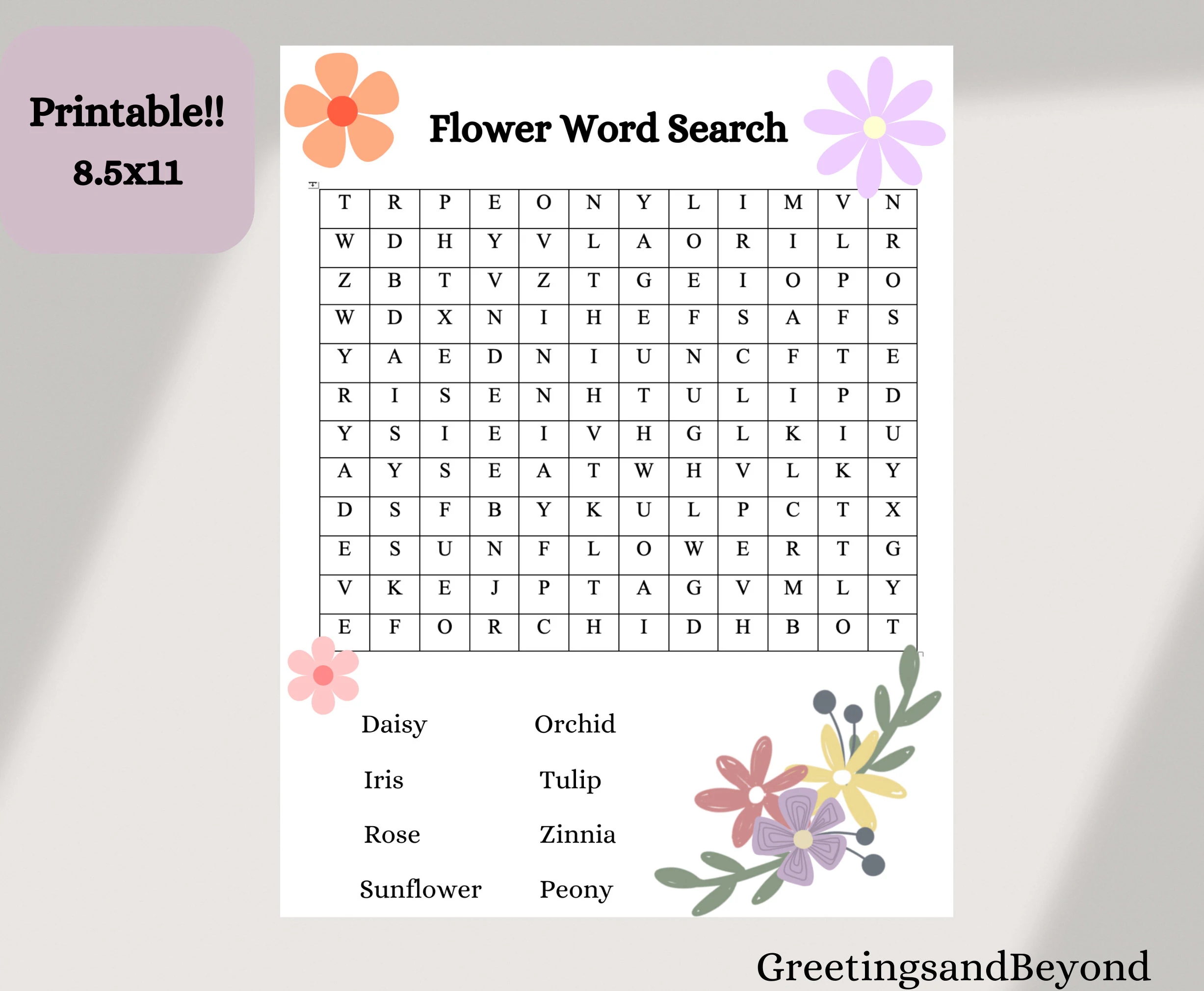 Flower Word Search Printable Digital Download Printable PDF Answer Key Included Etsy