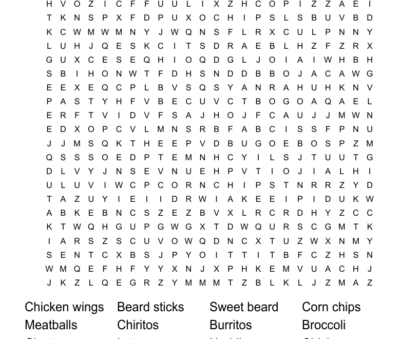Food And Chips Word Search WordMint