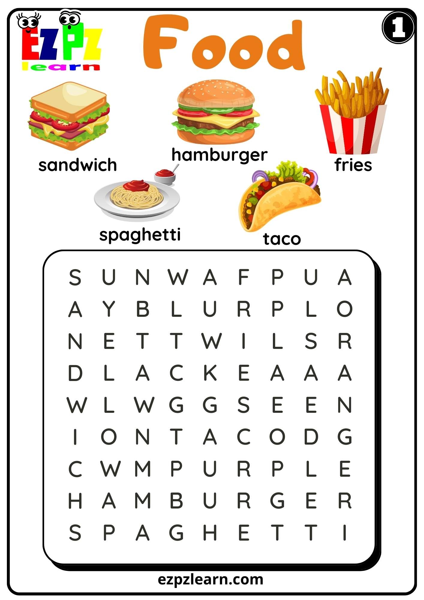 Food Word Search Worksheet For ESL And Kindergarten K5 Set 1 Free PDF Download Ezpzlearn