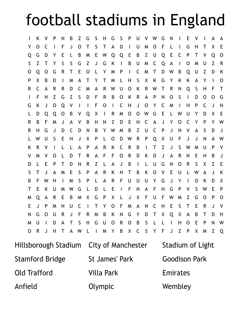 Football Stadiums In England Word Search WordMint