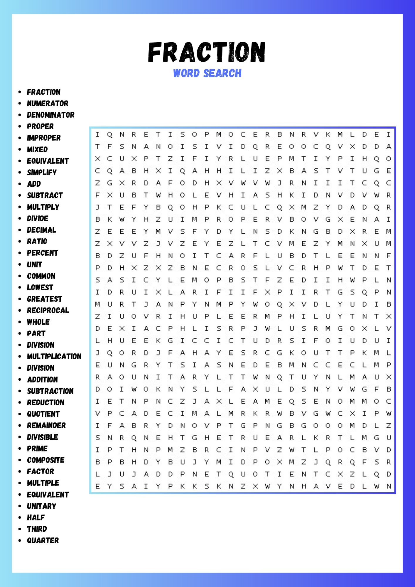 FRACTION WORD SEARCH PUZZLE WORKSHEET ACTIVITIES BRAIN PUZZLES Made By Teachers