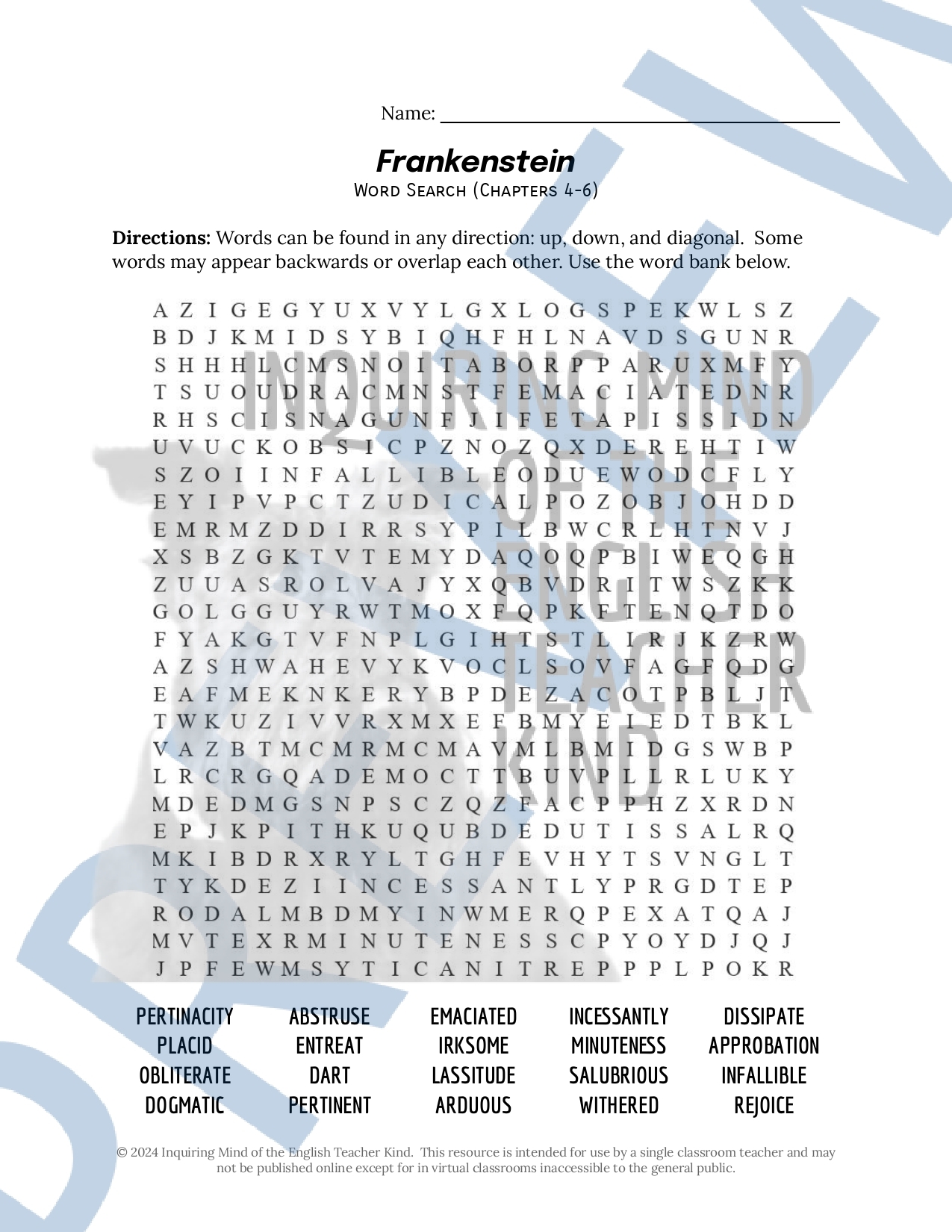 Free Printable Frankenstein Word Search