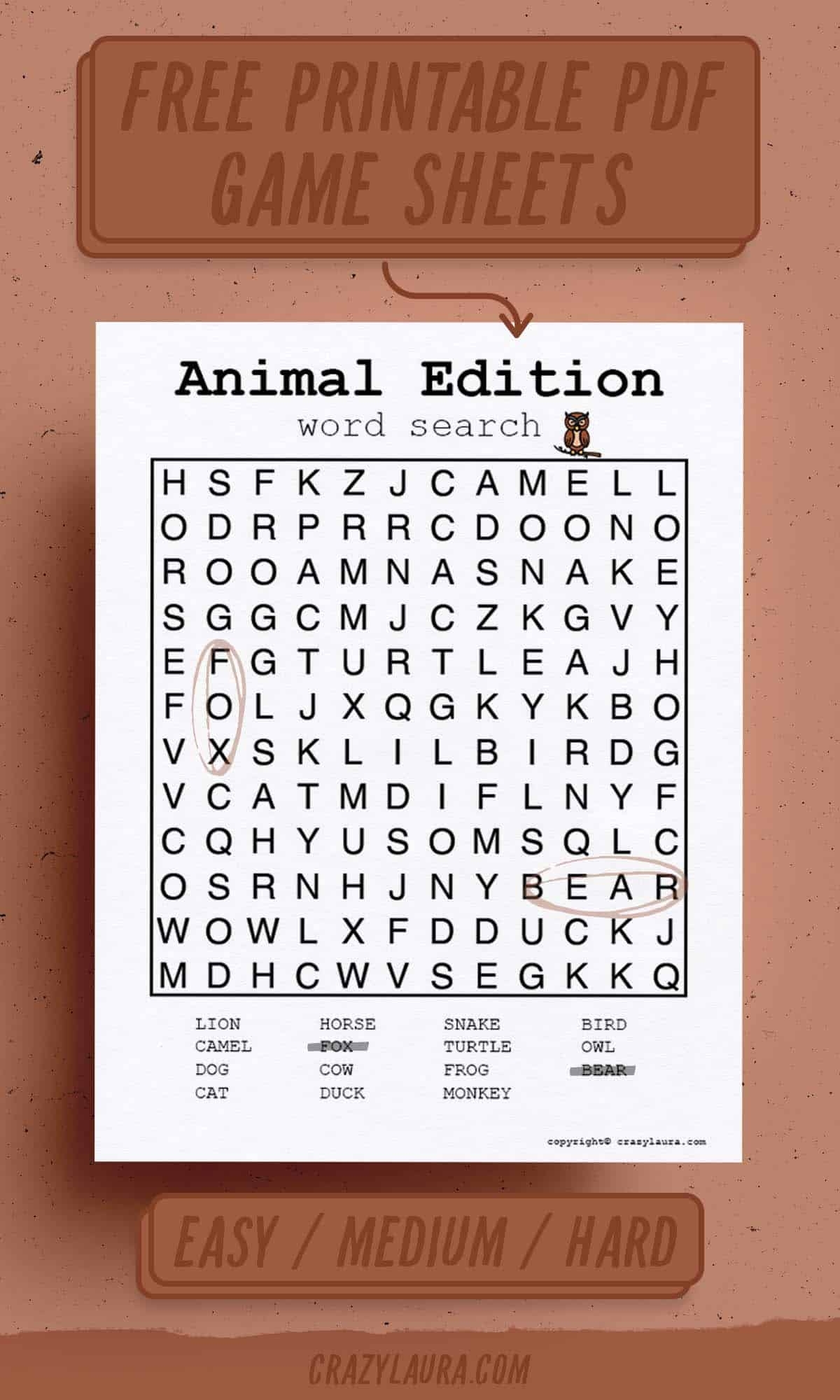 free animal word search printable pdf game sheets crazy laura