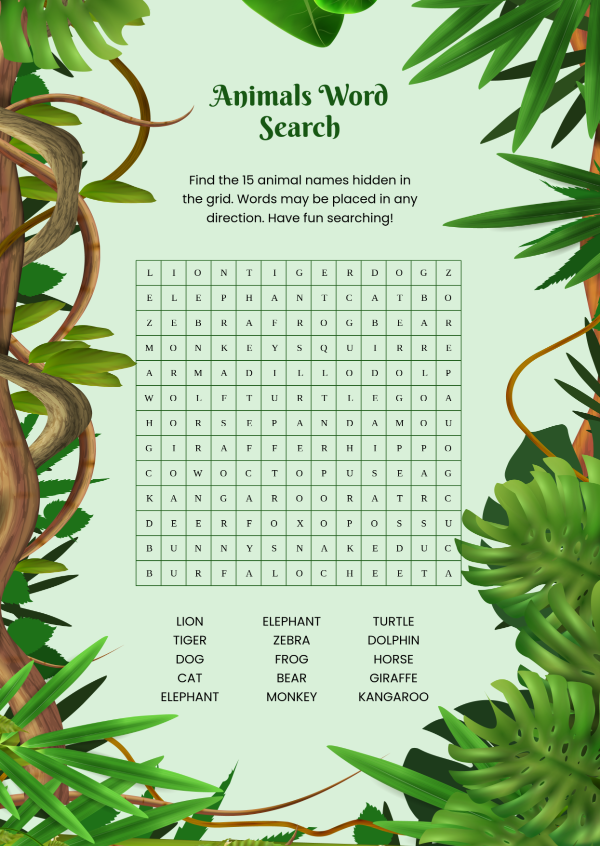 Free Animals Word Search Template To Edit Online