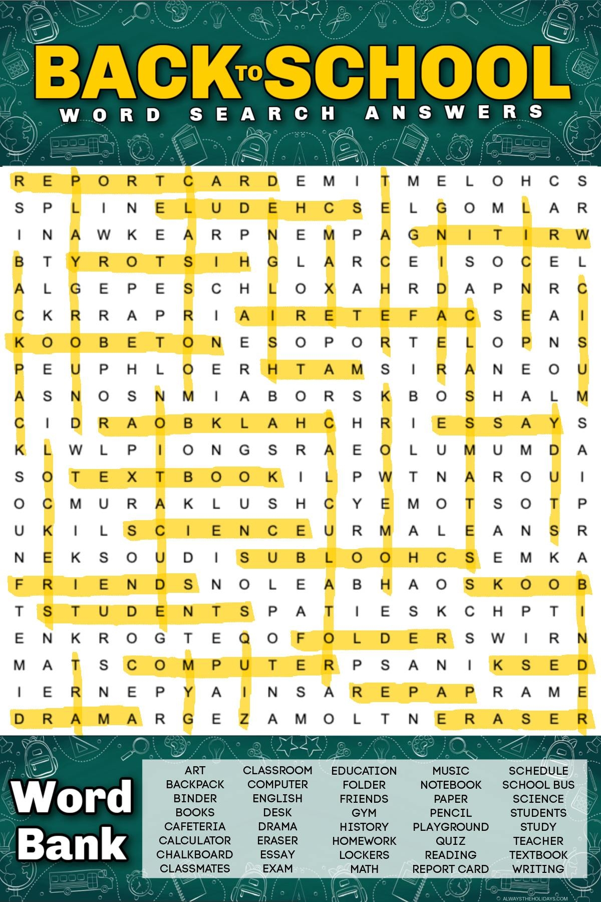 Free Back To School Word Search Printable With Answer Key 