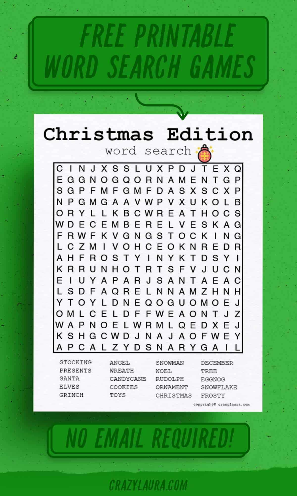 Free Christmas Word Search Printable PDF Game Sheets Crazy Laura