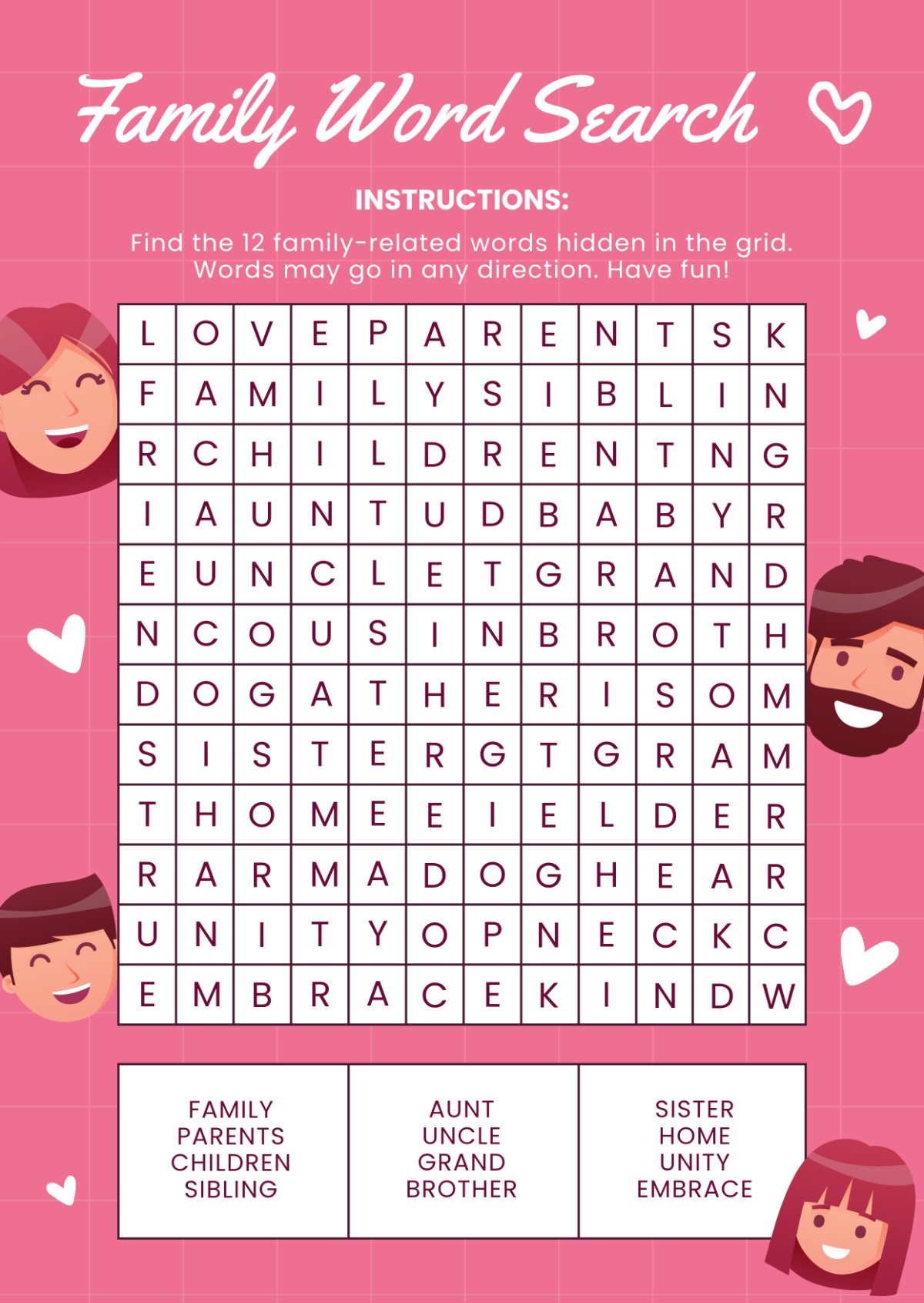 Free Family Word Search Template To Edit Online
