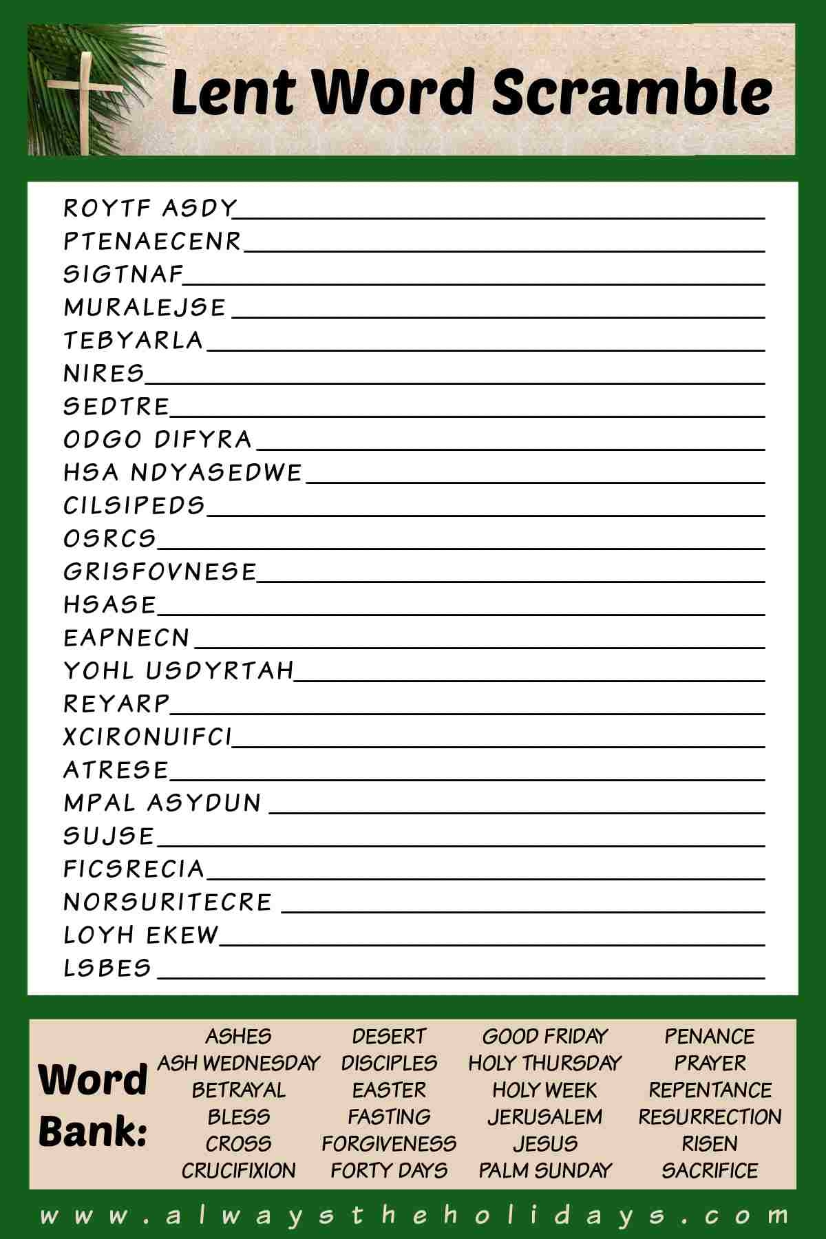 free lent word scramble printable with answer key included