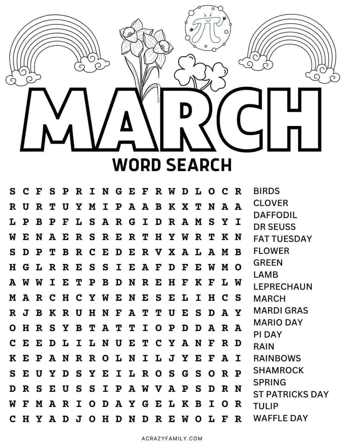 March Word Search Free Printable