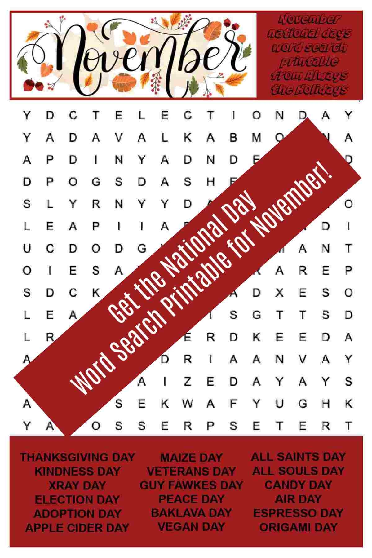 Free November Word Search Printable National Days Word Find