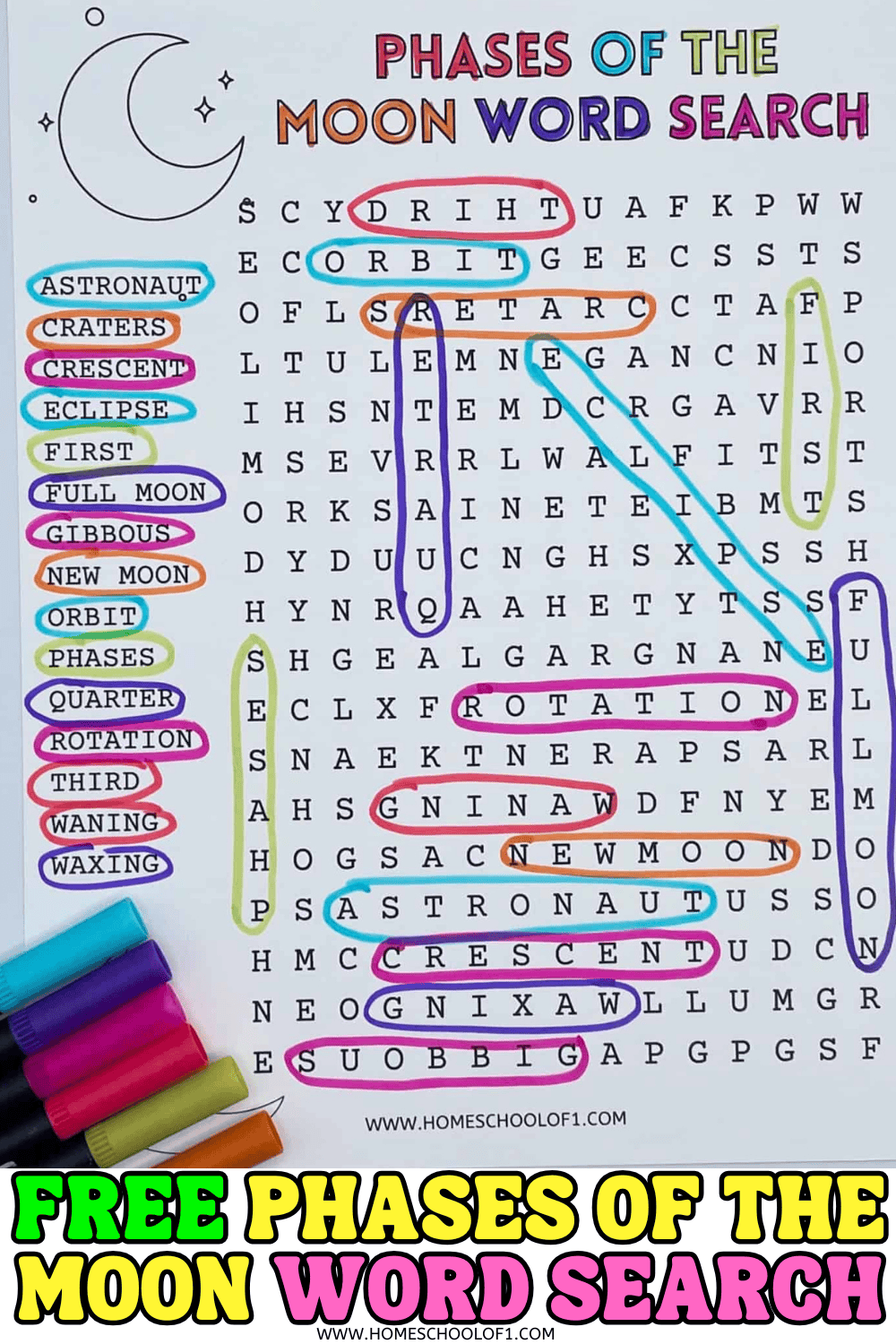 Free Phases Of The Moon Word Search Printable