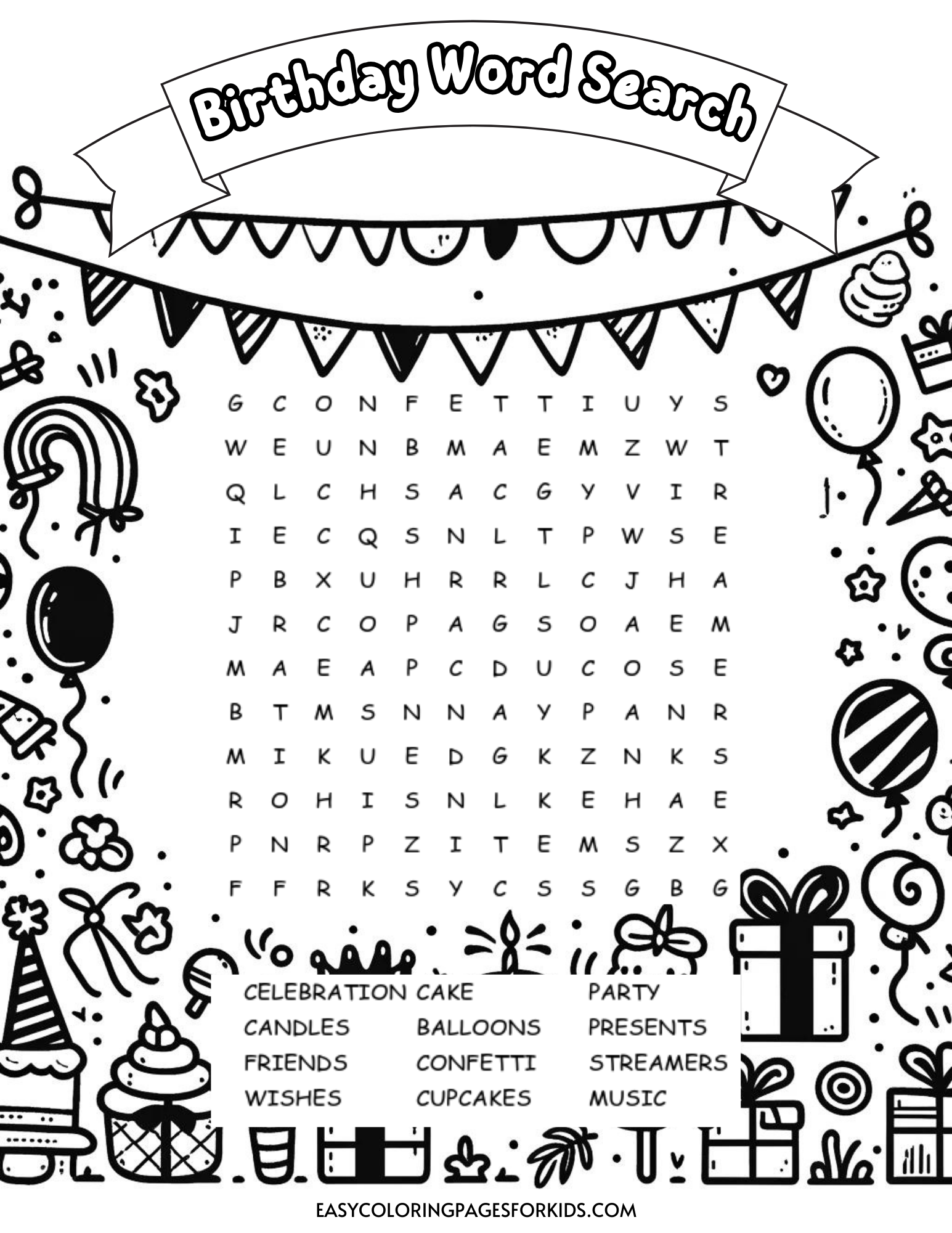 Free Printable Birthday Word Search For Kids Easy Coloring Pages For Kids