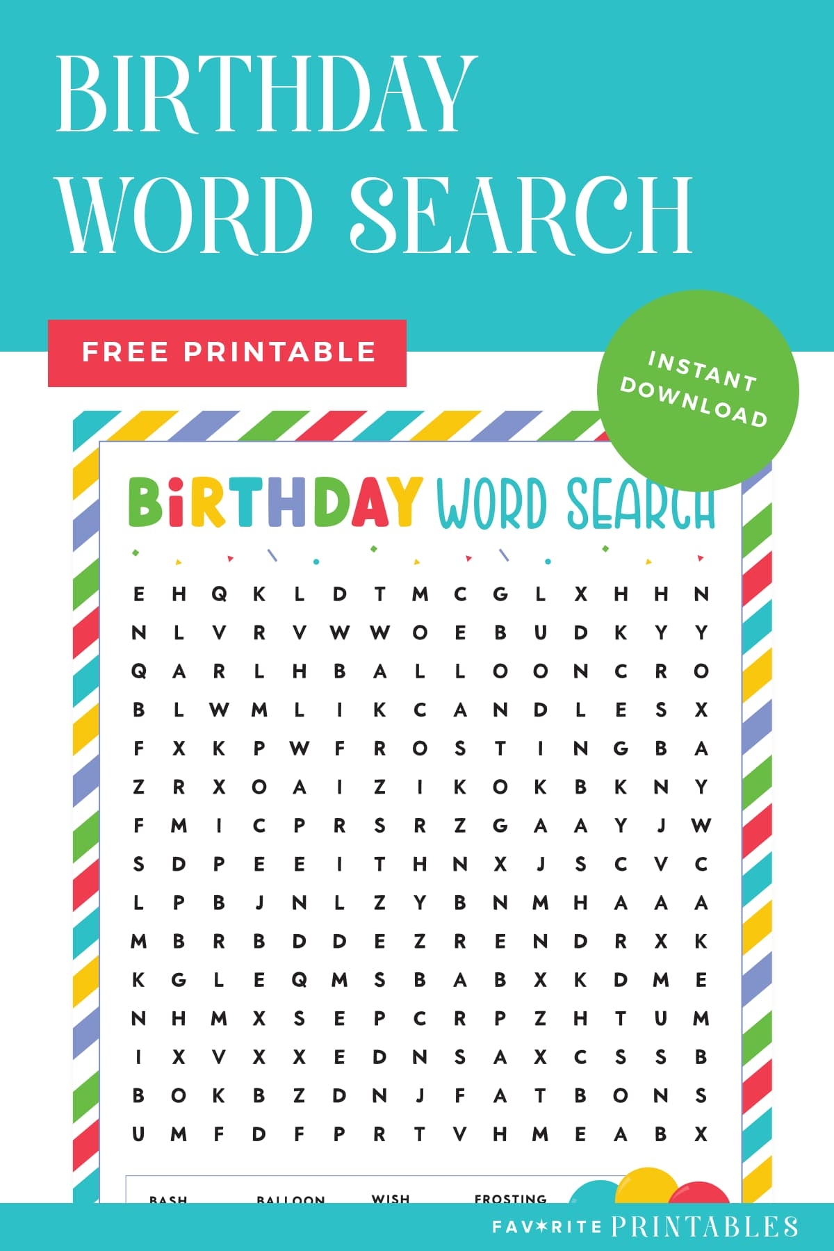 Birthday Word Search Kids Printable