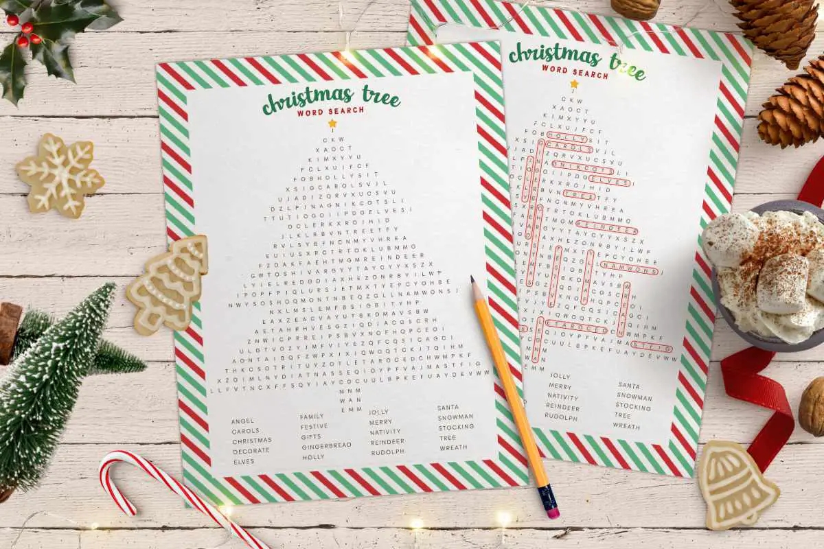 Free Printable Christmas Tree Word Search with Answer Sheet The Party Bloc