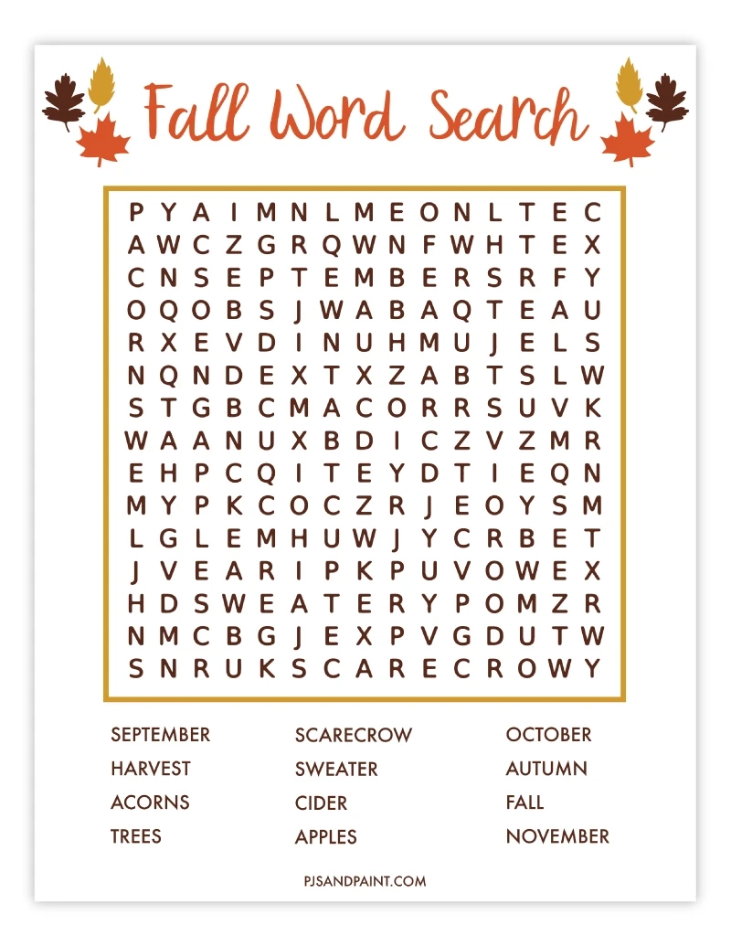 Free Printable Fall Word Search Pjs And Paint