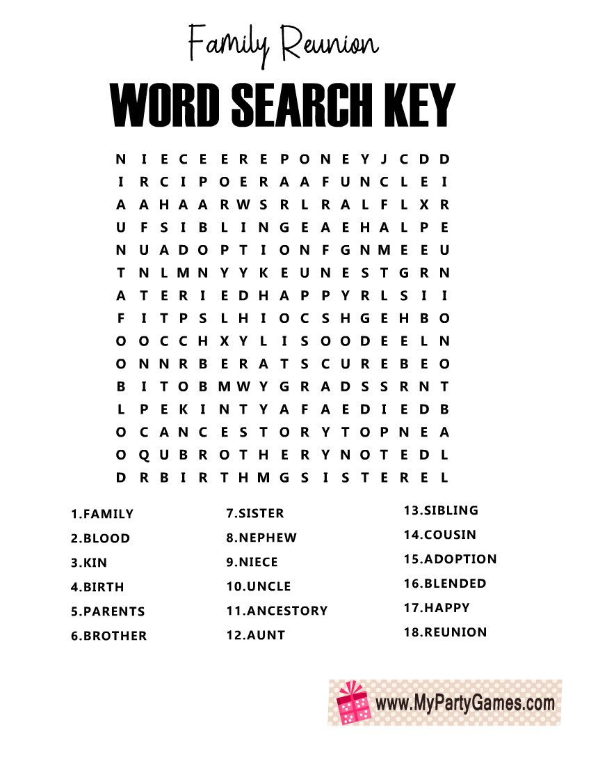Free Printable Family Reunion Word Search Puzzle With Key