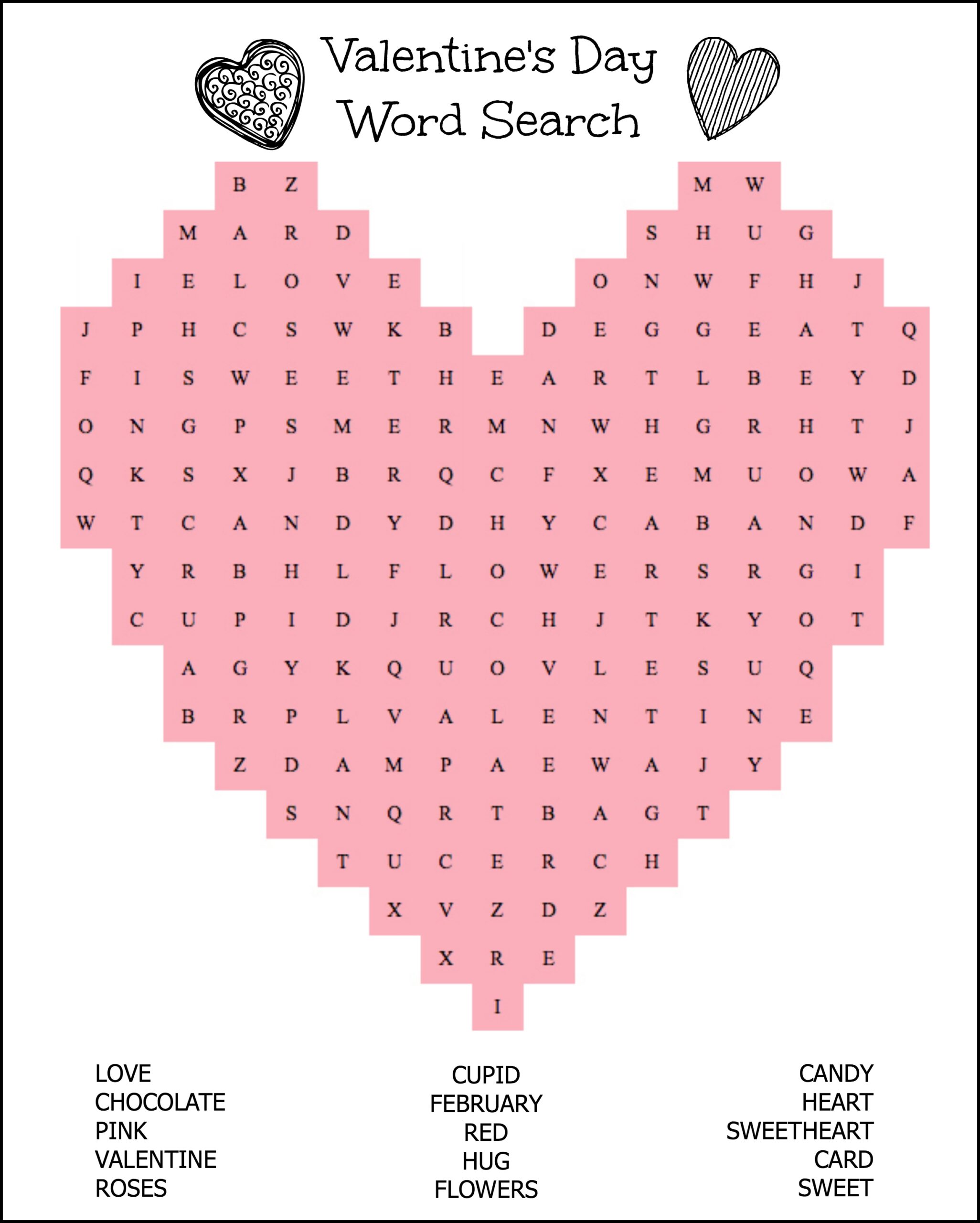 Free Printable Heart Shaped Valentines Day Word Search For Kids Worksheets Library