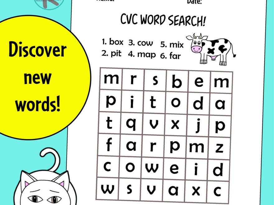 FREE Printable Kindergarten CVC Word Search Worksheets
