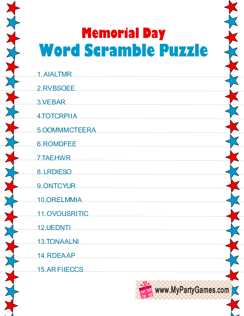 Free Printable Memorial Day Word Scramble Puzzle