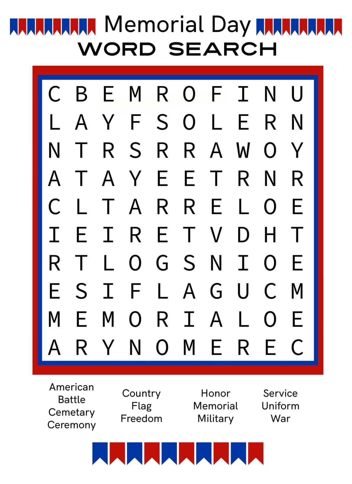 Free Memorial Day Word Search Puzzles Printable