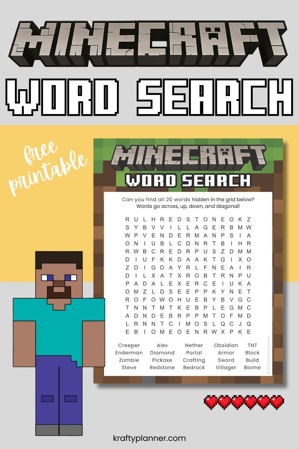 free printable minecraft word search krafty planner free printable minecraft word search krafty planner