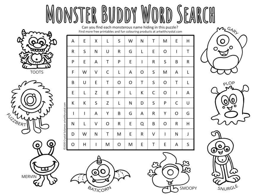Free Printable Monster Word Search Colouring Page Game Canadian Art