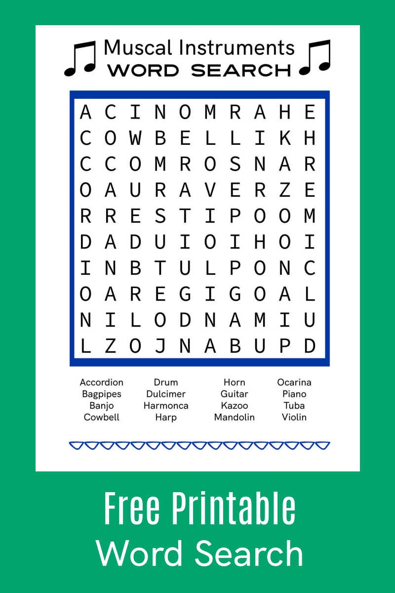 Musical Instruments Word Search Free Printable