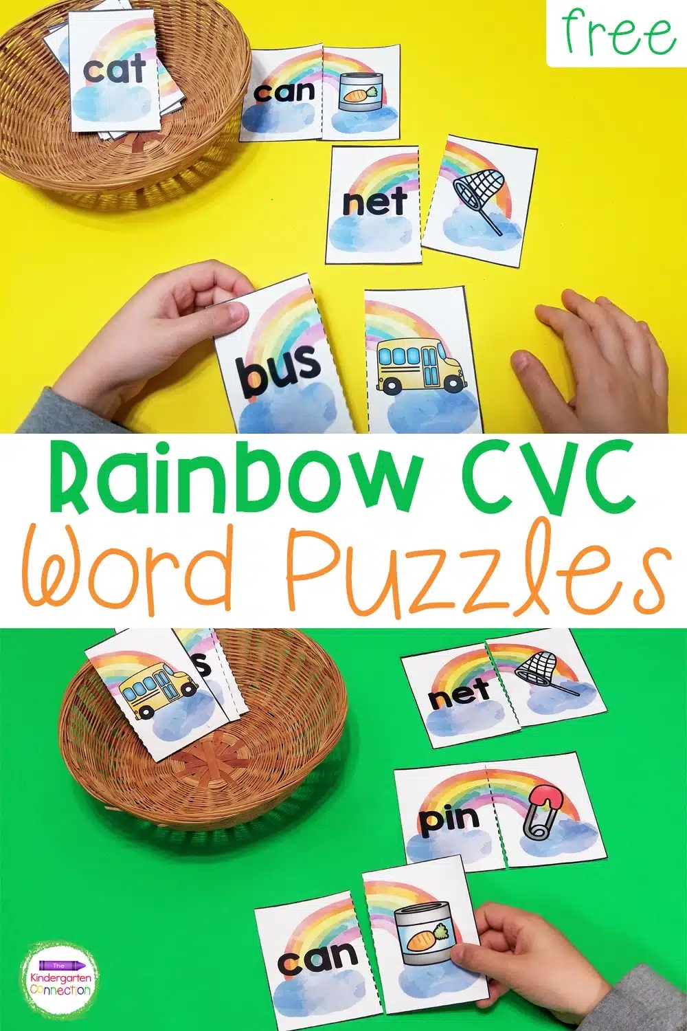 FREE Printable Rainbow CVC Word Puzzles For Kindergarten 