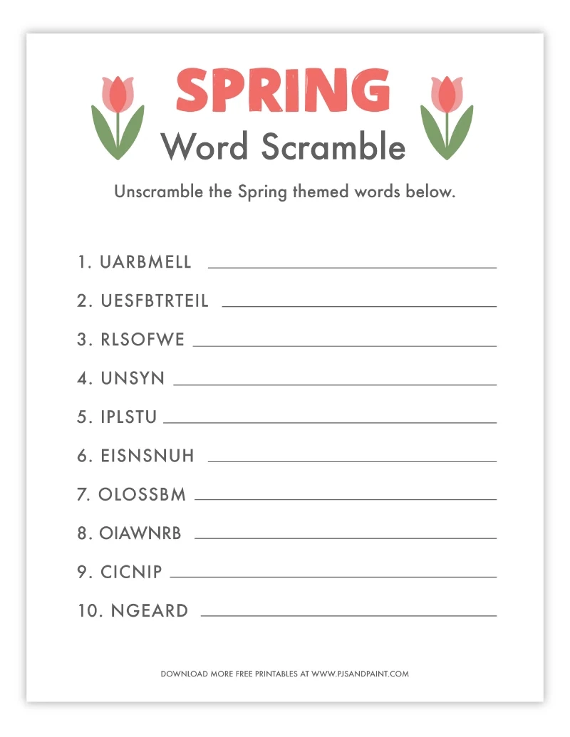 Free Printable Spring Word Scramble Pjs And Paint