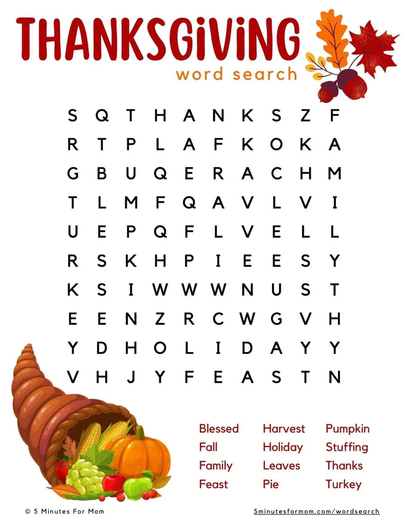 Free Printable Thanksgiving Word Search For Kids