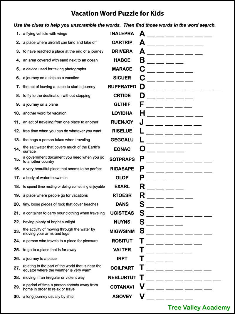 Free Printable Vacation Word Puzzle For Kids Tree Valley Academy