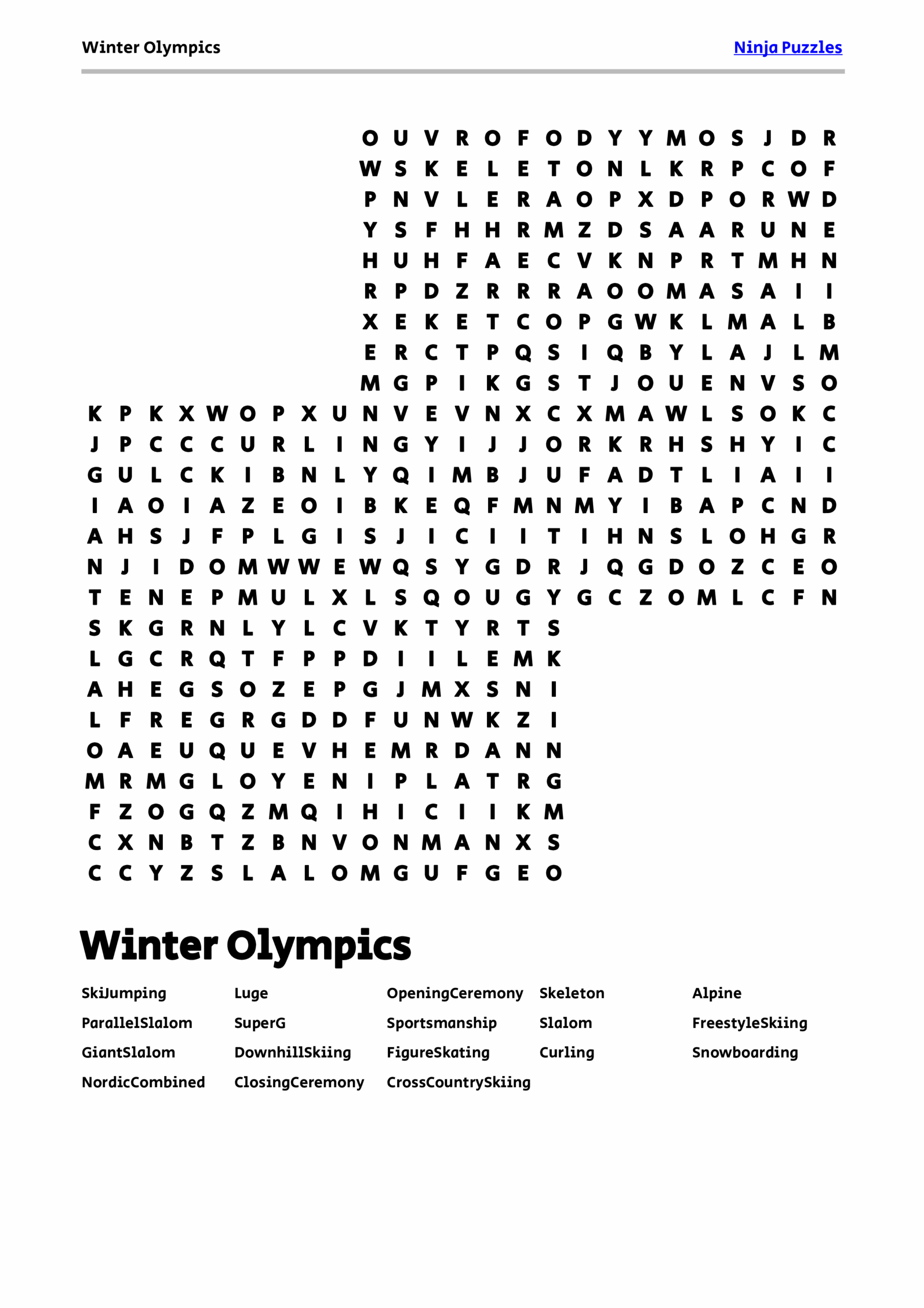 Free Printable Winter Olympics Themed Word Search Puzzle Free Printable PDF