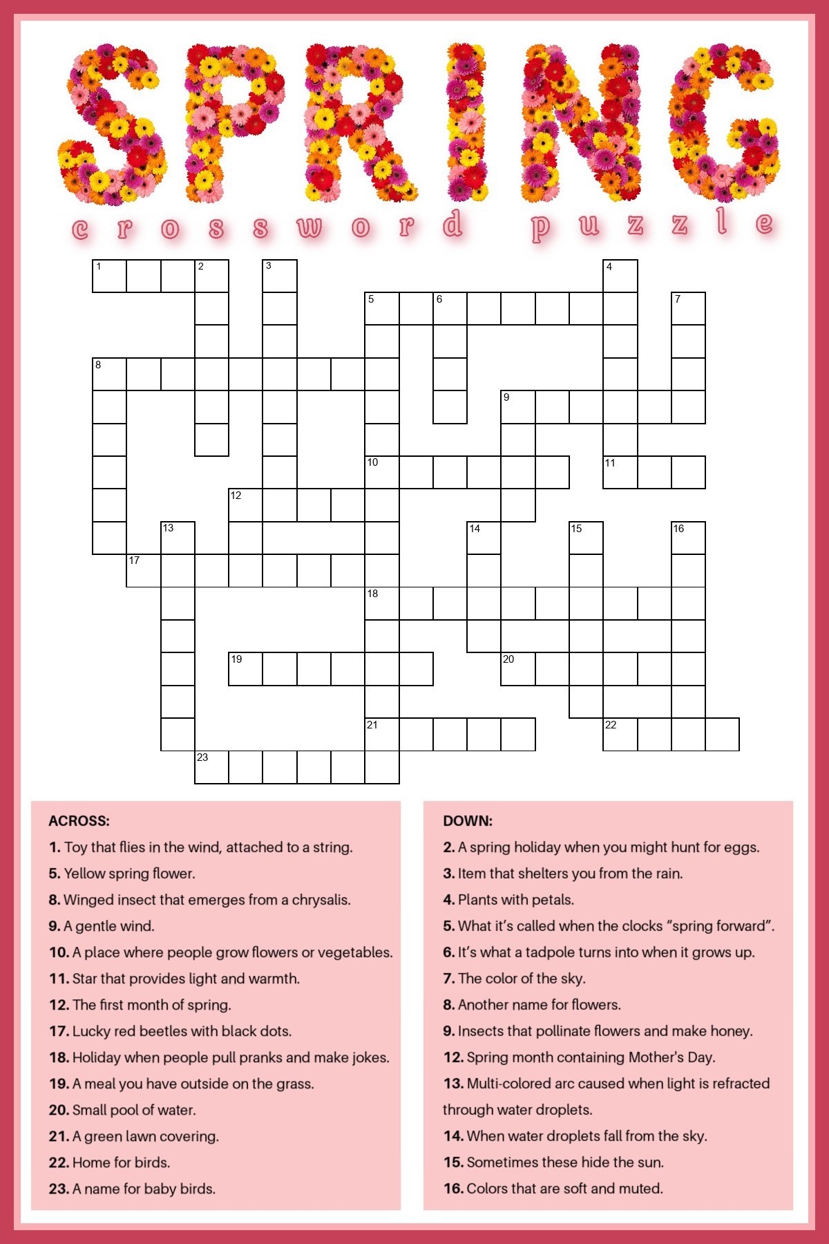 Free Spring Crossword Puzzle Printable Answer Key Included