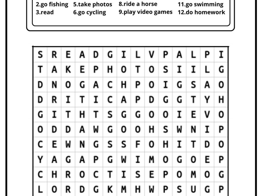 Free Time Activities Word Search Ezpzlearn