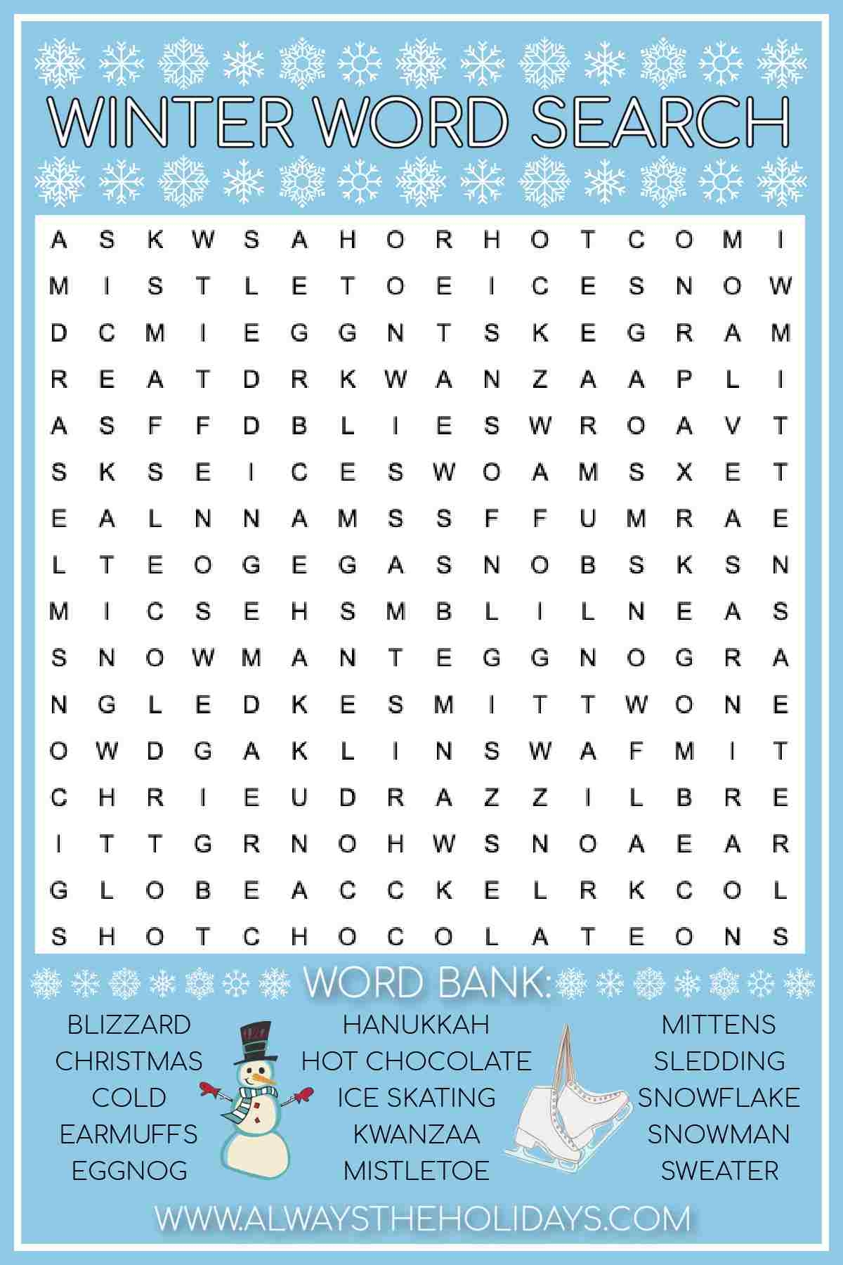 Free Winter Word Search Printable With Answer Key Included