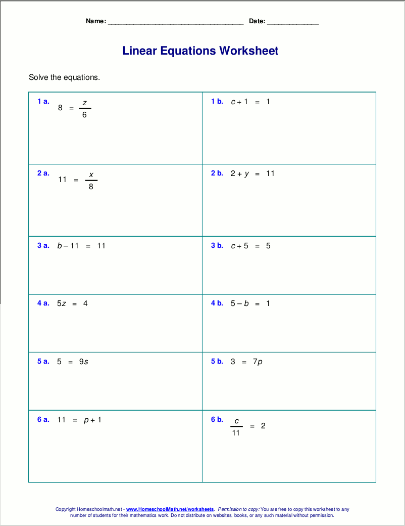 Free Worksheets For Linear Equations grades 6 9 Pre algebra Worksheets Library