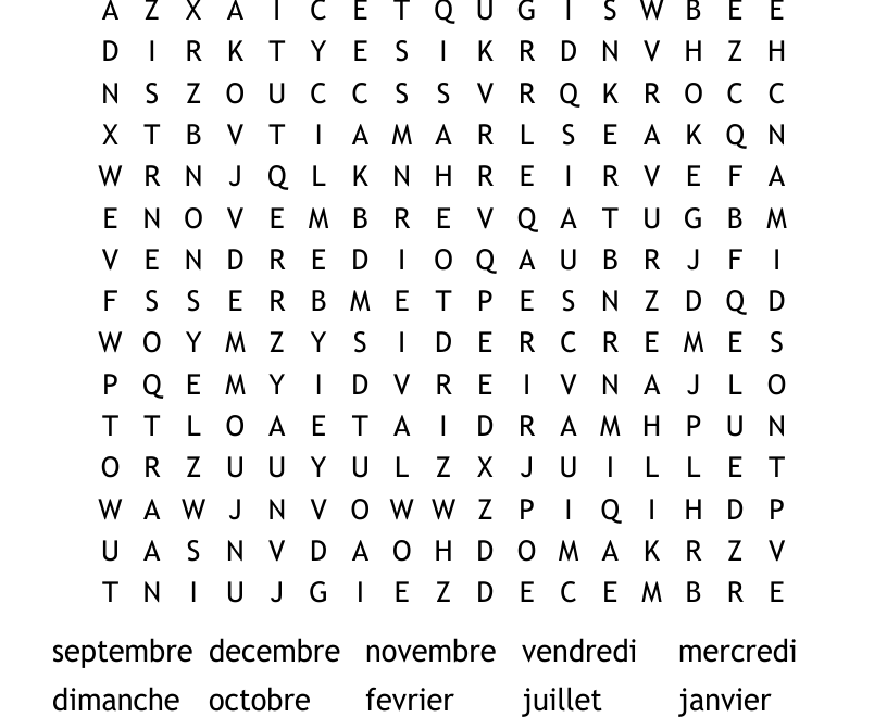 French Months And Days Word Search WordMint