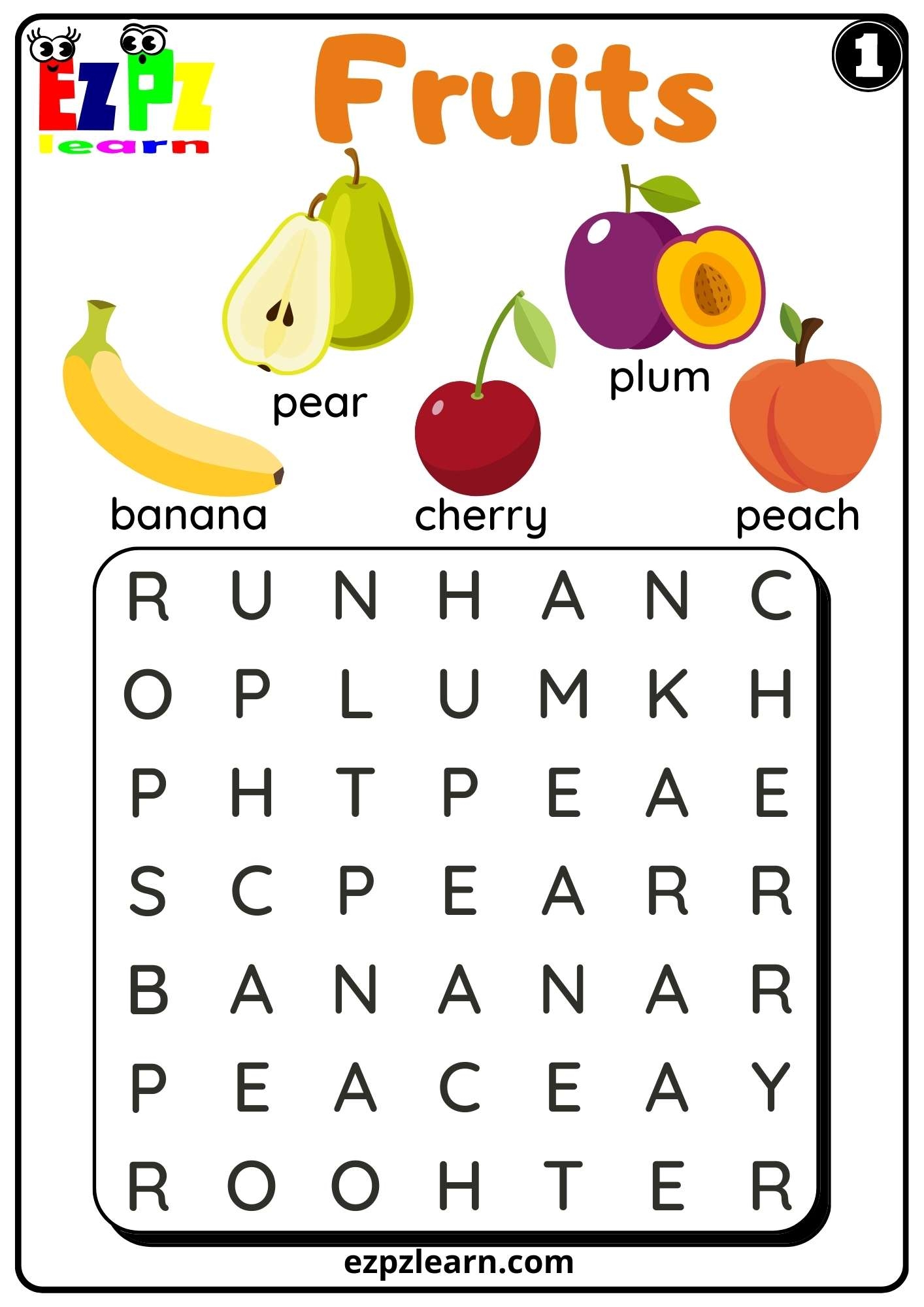 fruits word search worksheet for esl and k5 kindergarten free pdf download set 1 ezpzlearn