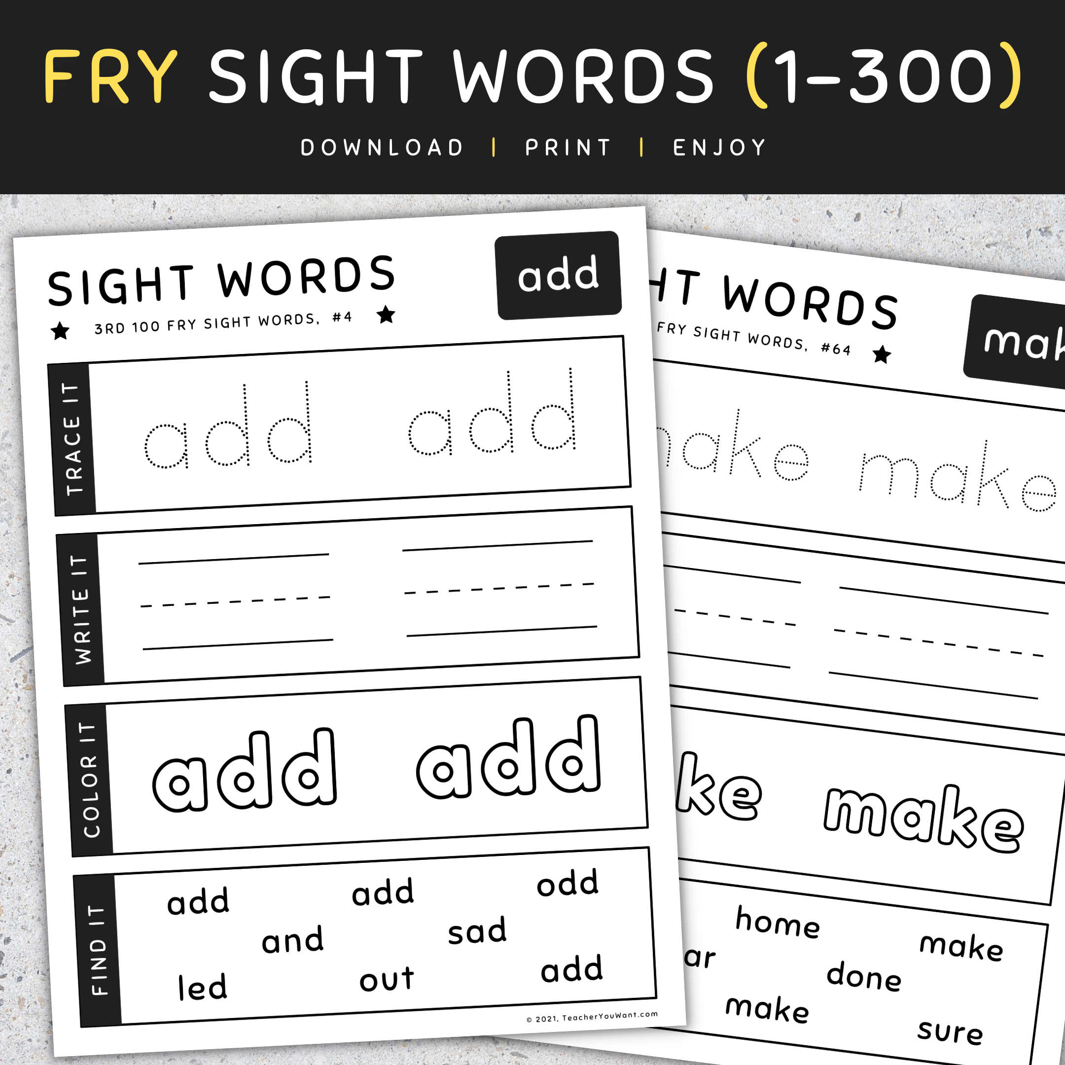 Fry Sight Words 1 300 Trace Write Color Find It Worksheets SET 5 Made By Teachers