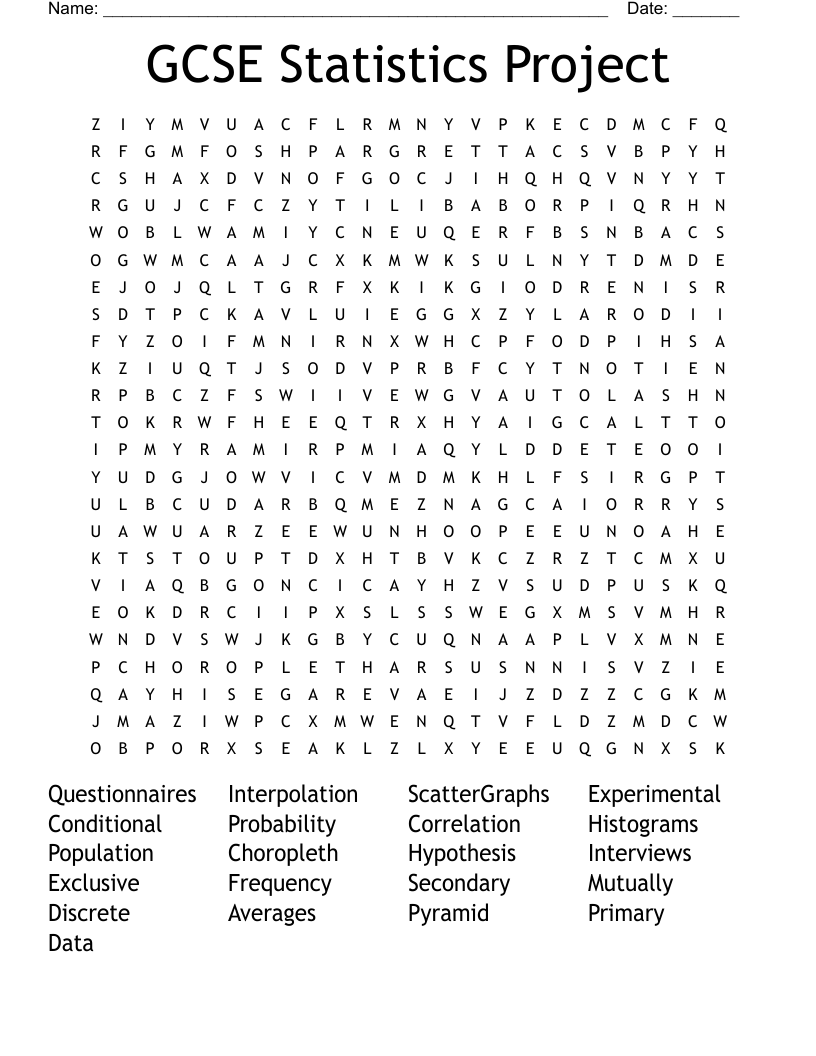 GCSE Statistics Project Word Search WordMint