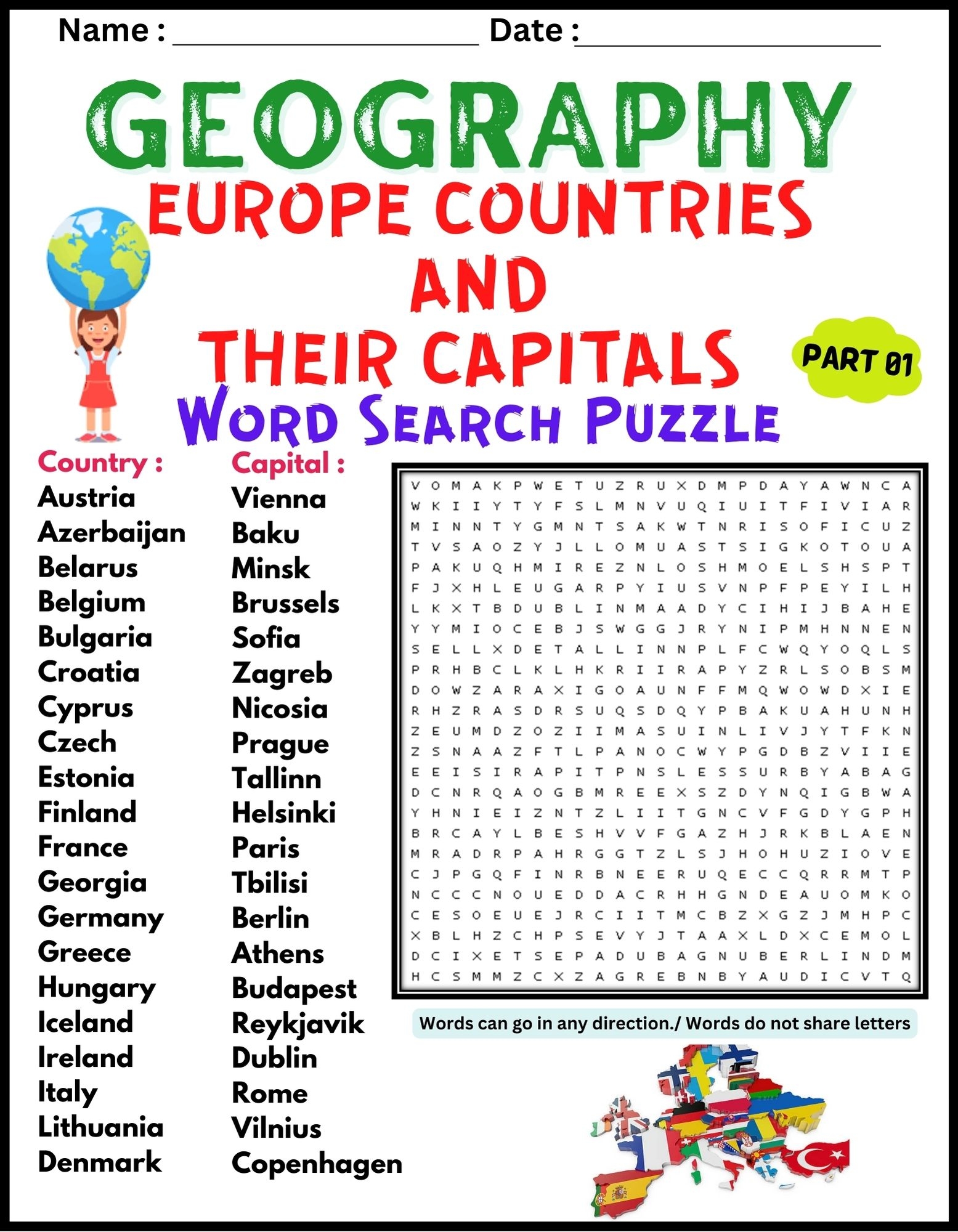 GEOGRAPHY EUROPE COUNTRIES AND THEIR CAPITALS Word Search Worksheet Activity Made By Teachers